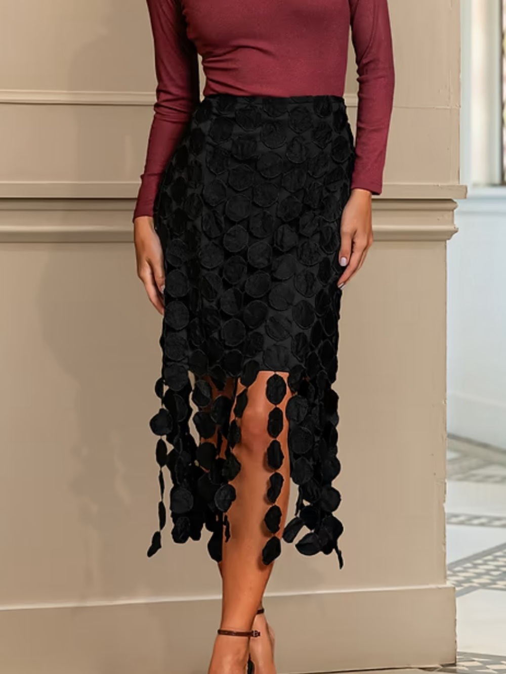 Cupshe Black Command Attention Circle Fringe Trim Midi Skirt Size L